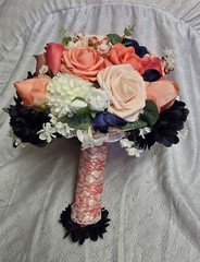 12 PC Blue,Coral,Ivory, Light Rose Wedding Bouquet Set Lace And Bling