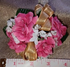 NEW 4″ Long Artificial Hot Pink Rose Wrist Corsage With Sparkly Gold Bow