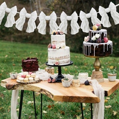 1 String of 6 White Bows Garland Banner Decoration, Adjustable Pre-Strung Orname