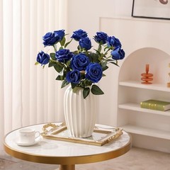 12PCS Artificial Silk Flowers Realistic Roses Bouquet 6 Flowers 6 Buds Blue