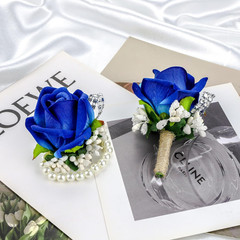SITUMEIZI 2Pcs Blue Corsage and Boutonniere Set,Corsage Wristlet for Prom Decor