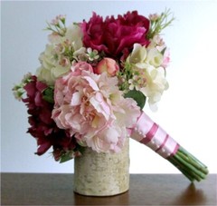 Silk Flower BRIDAL BOUQUET Fuchsia Blush Pink Cream Peony Waxflower Hydrangea