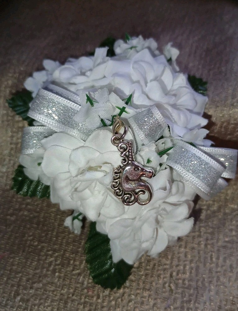 NEW 4″ Long Artificial White Rose Wrist Corsage With Metal Unicorn Charm