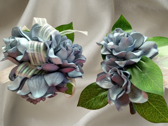 Handmade gardenia wrist corsage and boutonniere Set (wedgewood blue)