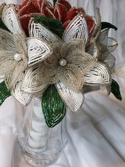 Beaded Flower Wedding Bridal Bouquet With Red White & Silver Handmade Flowers