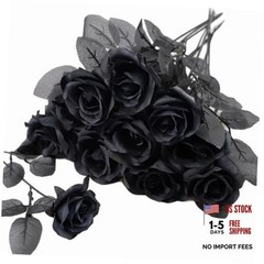 10pcs Black Roses Artificial Flowers, All Black Faux Fake Silk Rose Black