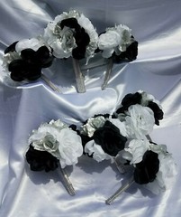 23 Pc Black, Silver & White Wedding Bouquet Set, Package w/ Silver & Rhinestones