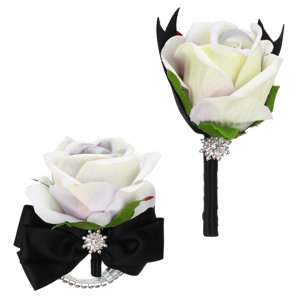 2Pcs Wrist Corsage Boutonnieres Set with Black Ribbon, Dreamy Purple