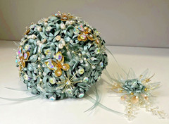 Bridal Wedding Bouquet Sea Foam Green Pearls Floral Embellished & Corsage