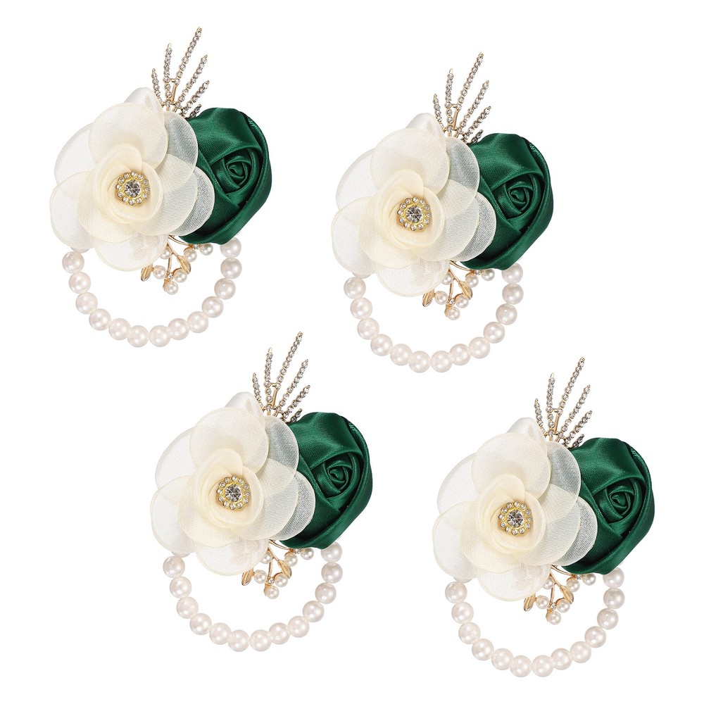 Rose Wrist Corsage, 4Pcs Wrist Corsage Bracelets Flower Wristlet, Dark Green