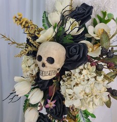 Black Skull Cascade Faux Silk Wedding Bouquet
