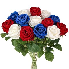 14PCS Red White Blue Artificial Roses, Patriotic Velvet Silk Fake Roses Flowers