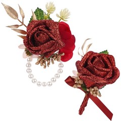 PartyforU Red Rose Boutonniere and Corsage Set – 2 Pcs Artificial Flowers
