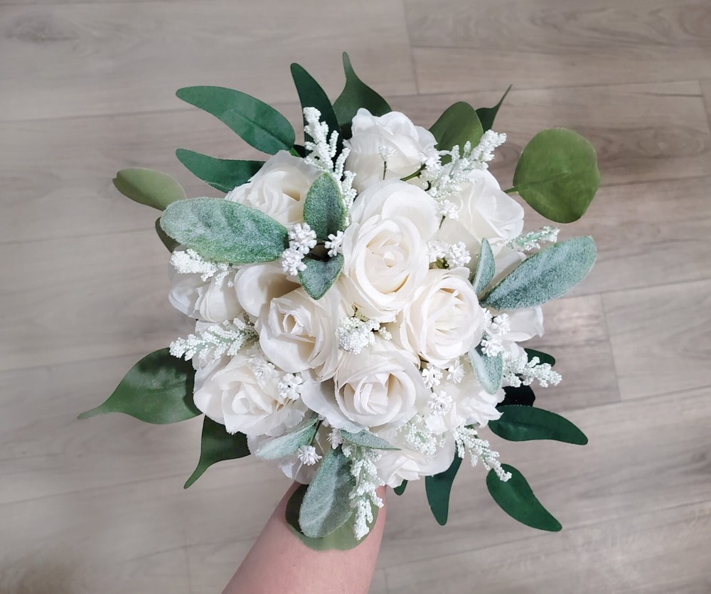 White Rose Bridal Bouquet Wedding Bridesmaid Flowers Eucalyptus Faux Prom Floral