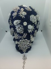 11” Rhinestone Brooch Bridal Bouquet Navy Blue Wedding Rose with Jewel Décor