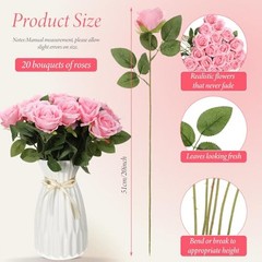 20 Pcs Artificial Rose Flowers with Long Stem,Real Lifelike Silk Pink