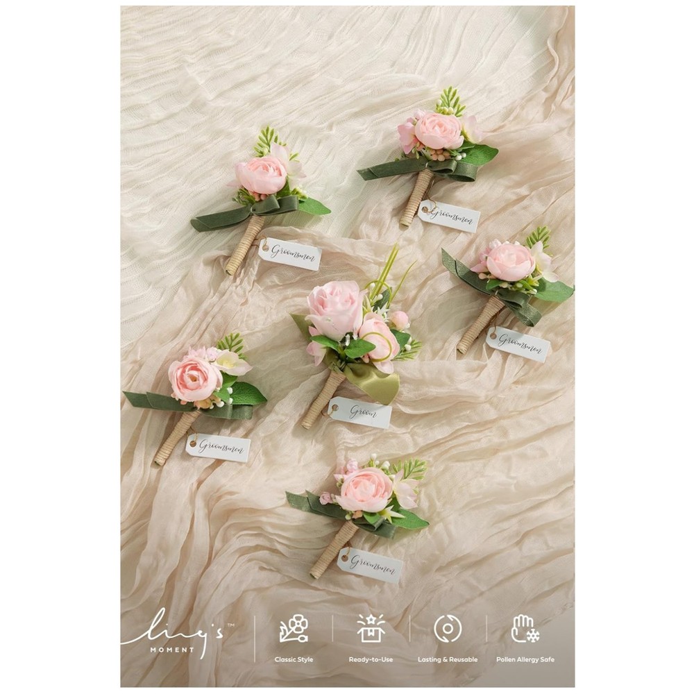 Blush Pink Boutonniere Set for Men, 6pcs Wedding Flowers