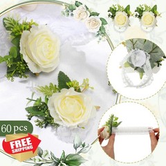 Sherr White Rose Wrist Corsage Bands, 60 Pcs, Wedding Bridesmaid Flowers