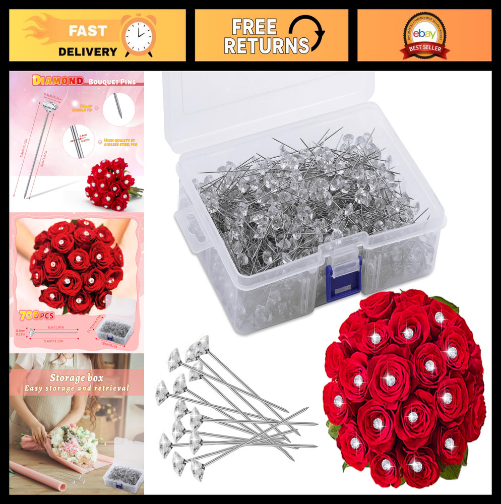700 Pcs Diamond Head Corsage Pins – 2.1″ Clear Straight Bouquet Pins for Wedding