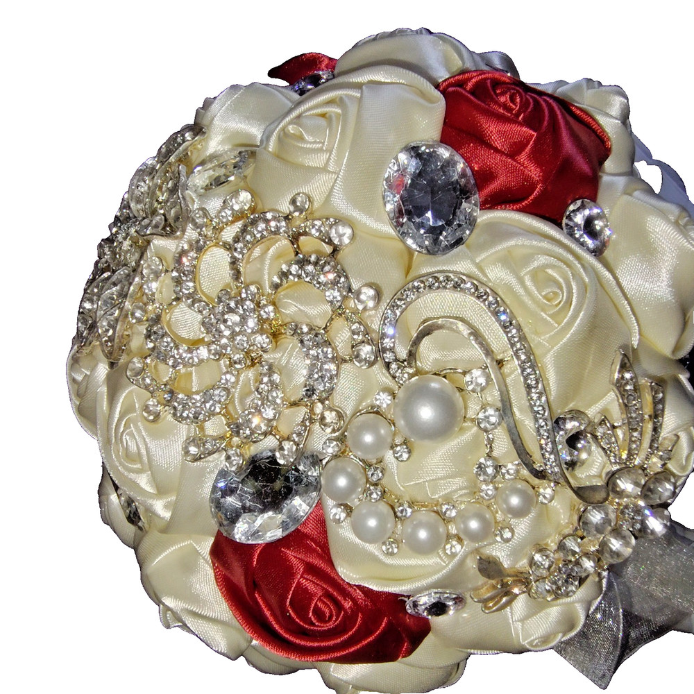 Bridal Satin Rose Brooch Bouquet w/ Rhinestones & Pearls Red Ivory Wedding
