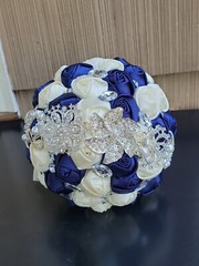 8″ Navy Blue Satin Rose Bridal Wedding Brooch Bouquet with Sparkle Rhinestones