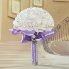 Bride Bouquet Artificial Flowers Wedding Bridal Holding White Ribbon Rhinestones