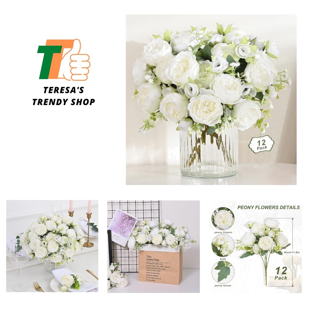 12 Packs Peonies Artificial Flowers, White Artificial Peonies, Silk Peonies F…
