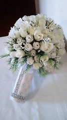 SMALL WEDDING BOUQUET- IVORY ROSES- SILVER LACE HANDLE