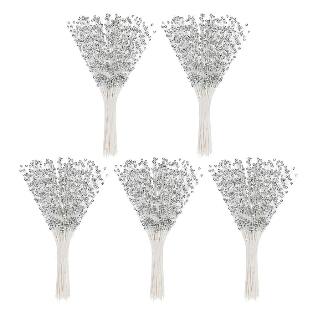 50 Pcs 4mm Pearl String Bouquet Pearl Stick Stems Bouquets Garland Spray, Silver