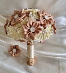 Bridal Bouquets Cream, Tan Satin Ribbon Roses, Crystal Brooches, Buttonhole…