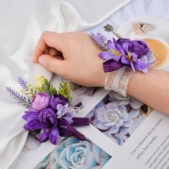 Wrist Corsage and Boutonniere Set, 1 Set Small Rose Purple Hand Flower for Prom