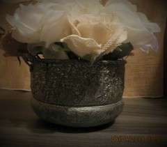 Burlap Roses & White Silk Rose Handmade Arrangement in Metallic Pot