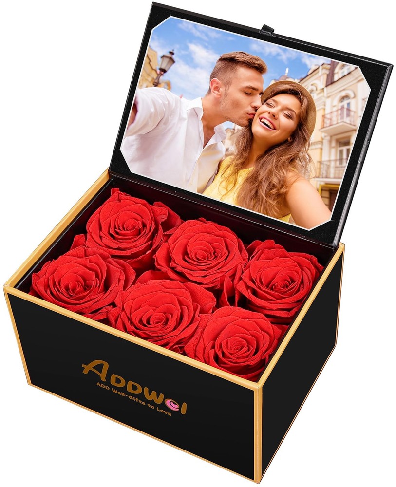 ADDWel Preserved Rose Gift Box with 4×6 Photo Frame, Romantic 6 Roses, Red
