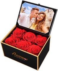 ADDWel Preserved Rose Gift Box with 4×6 Photo Frame, Romantic 6 Roses, Red