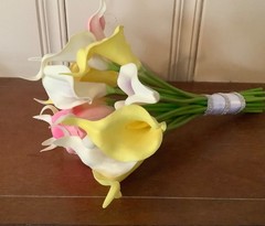 20 stem picasso purple, yellow and pink/white calla lily wedding bouquet