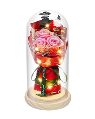 HVY Preserved Flowers in Glass for Her,Pink Real Rose Bouquet with Pink