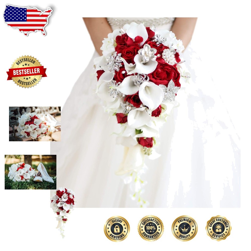 Handmade Red Calla Lily Bouquet, Realistic Roses & Pearls, Luxury Wedding Decor
