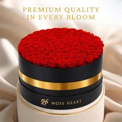 Moss Heart 100 Petite Preserved Roses, Large Round Shaped Box, 100 Red