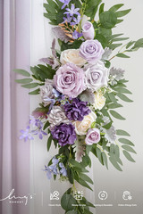 Elegant Purple & Gold Wedding Arch Flowers with Sheer Drapes – 5-Piece Set