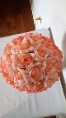 PEACHES AND CREAM WEDDING BOUQUET- PEACH/CREAM/PEARLS/SILVER TULLE-RHINESTONE PI