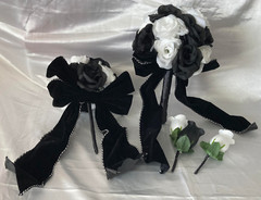 Wedding Bouquet Set, Black & White Roses, Black Velvet Bows, 21 Pc Flowers
