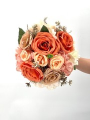 Coral & Peach Rose Bridal Bouquet, Silk Wedding Flowers, Burnt Orange, Wedding