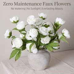 florisso 6 Pcs 27″ Faux Silk Artificial Peony Flowers, Fake Peony White