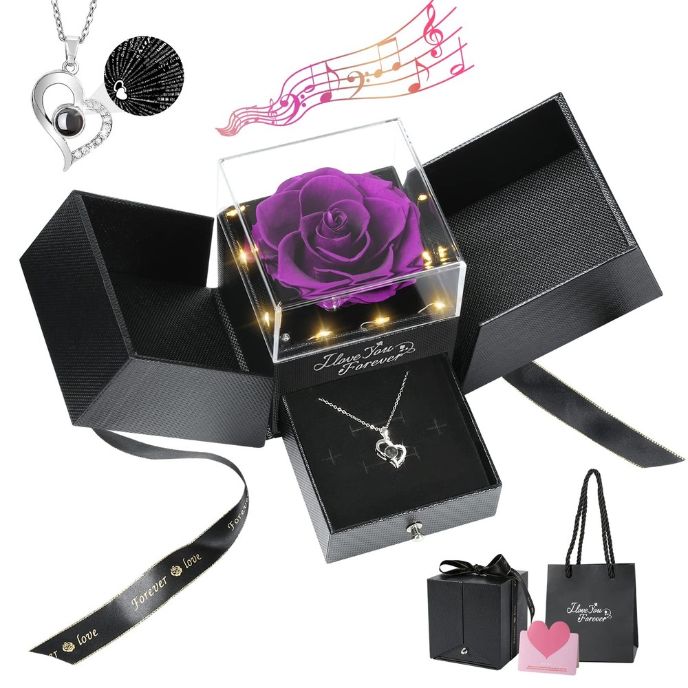 Emibele Preserved Real Purple Rose with Small, + S925 Necklace