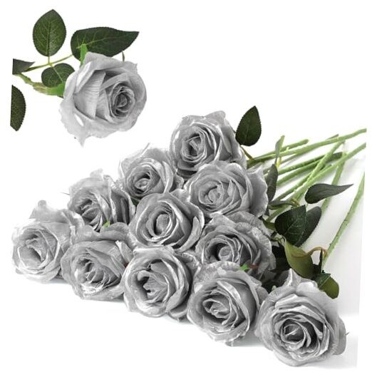 12PCS Artificial Silk Flowers Realistic Roses Bouquet 12Pcs Flowers Silver
