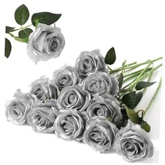 12PCS Artificial Silk Flowers Realistic Roses Bouquet 12Pcs Flowers Silver