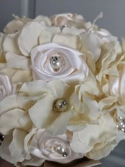 Brooch Bridal Bouquet with Ivory Hydrangea, Satin Rose, burlap, lace, and pearls