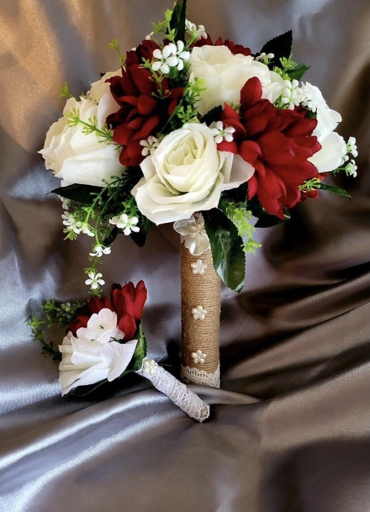 Red Chrysanthemum and White Roses Bride Bouquet and Groom boutonnière Set