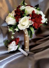 Red Chrysanthemum and White Roses Bride Bouquet and Groom boutonnière Set