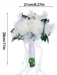 Wedding Rose Bouquet Bridesmaid Flower Bouquets, 11″ Feather White Rose Boho Wed